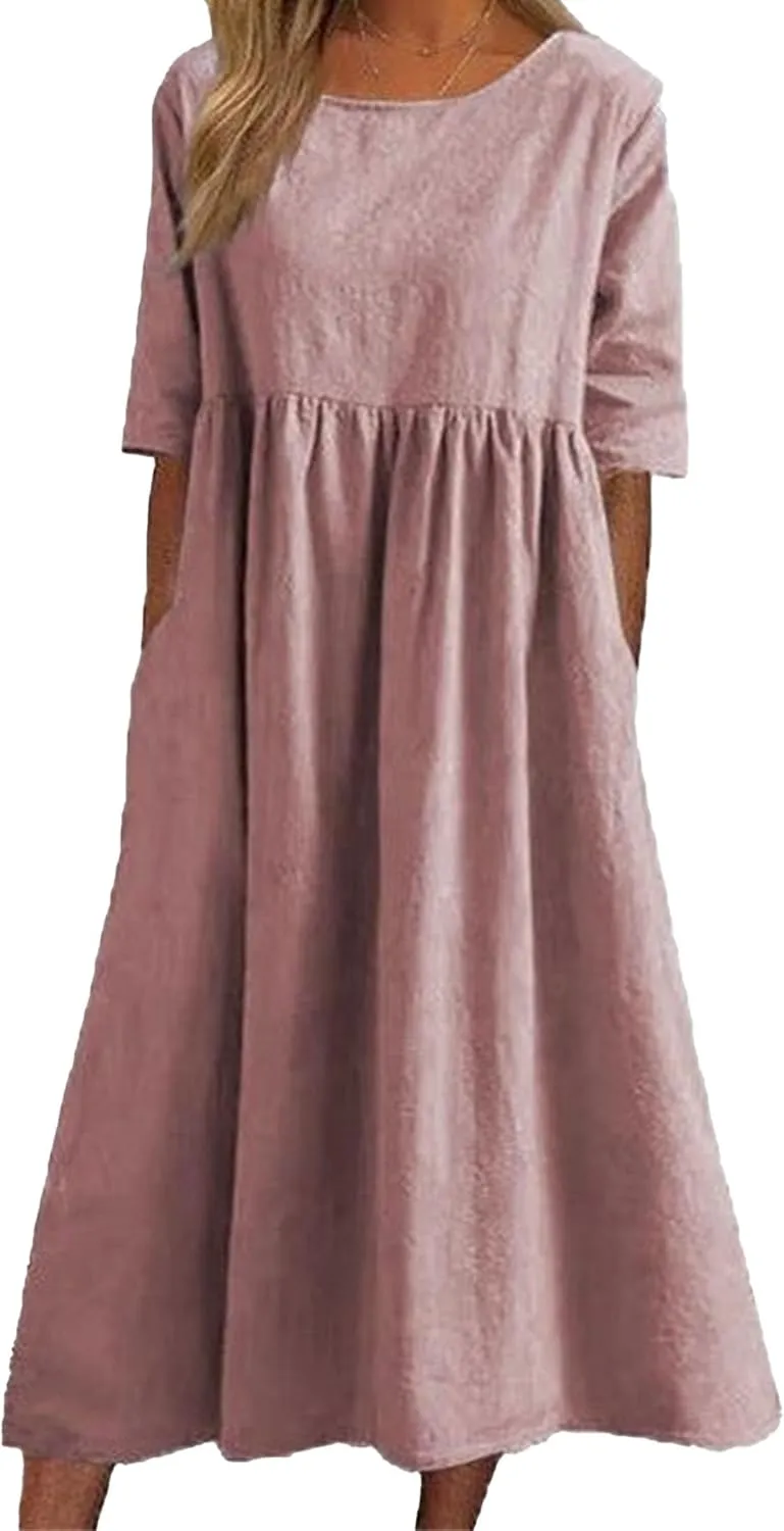 Womens Summer Midi Cotton Linen Ruched Dress, Casual A-line Empire Waist Elegant Modest Half Sleeve Long Dresses with Pockets