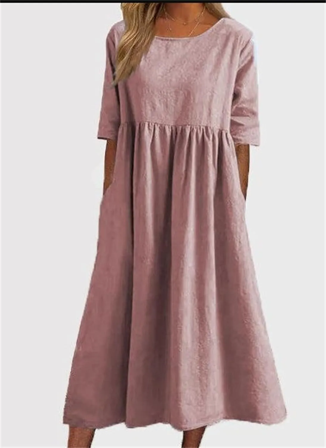 Womens Summer Midi Cotton Linen Ruched Dress, Casual A-line Empire Waist Elegant Modest Half Sleeve Long Dresses with Pockets